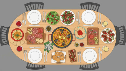 Overhead view of a beautifully set dining table with a variety of delicious food dishes.