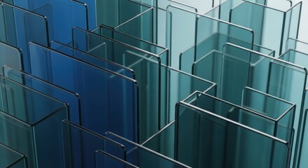 Abstract composition overlapping blue teal colored glass panels arranged in complex, modern maze partition structure, for data organization, digital security, complex structure