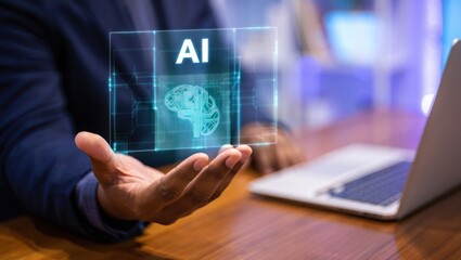 Businessman holding glowing holographic interface with letters ai stylized circuit board brain icon, for future technology, innovation, machine learning, digital strategy