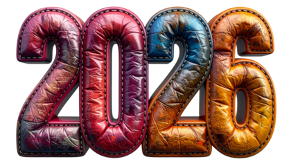 Colorful 3D leather numbers spelling "2026" on a dark background