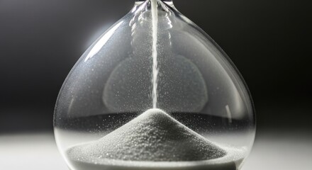 Close up white sand falling through clear glass hourglass pile, for concept passing time, deadline pressure, measurement