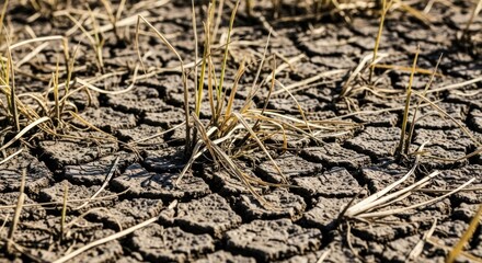 Close up dry cracked earth ground with struggling sparse blades grass surviving severe drought, for environmental crisis, global warming, agricultural failure