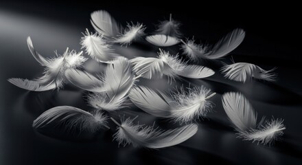 Collection delicate white bird feathers scattered across dark, moody surface with dramatic soft lighting, for lightness, fragility, freedom, gentle motion