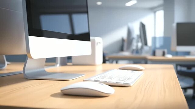 Bright and modern office desk featuring a computer monitor, keyboard, and mouse, showcasing efficient and ergonomic workspace design for a productive professional environment.