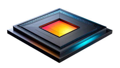 A detailed, layered isometric rendering of a microchip component