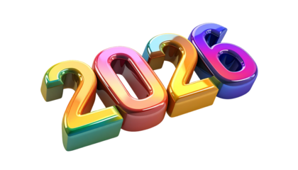 3D-rendered, glossy, rainbow-colored numerals spelling out the year 2026