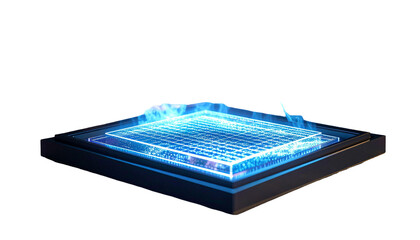 Futuristic glowing 3D grid hovering above a dark platform
