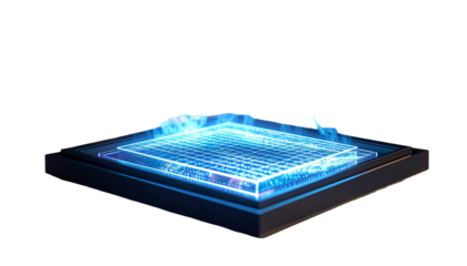 Futuristic glowing 3D grid hovering above a dark platform