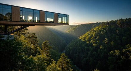 Modern glass office extension cantilevered over deep forested valley sunrise, for innovation, breathtaking views, strategic planning success
