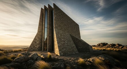 Modern stone chapel structure with sharp geometric lines set on rugged mountain landscape sunset, for faith, contemplation, architectural harmony