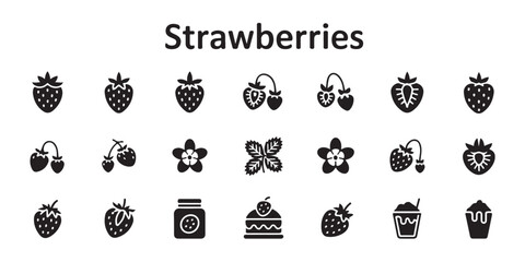 Strawberries icon set including fresh berries flowers jam jar cake and dessert illustration © MDABDUR