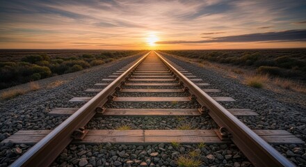 Straight railroad tracks leading toward bright, setting sun over vast, arid landscape, for journey, progress, direction, path forward