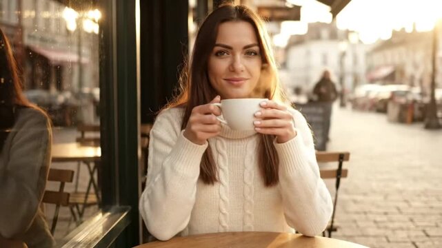 Young woman enjoying a warm drink at an outdoor cafe on a sunny day.