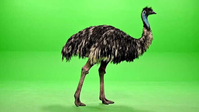 A video of an emu walking in front of a green screen background