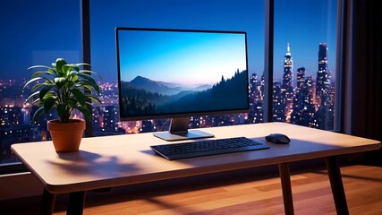 Modern home office with ergonomic workspace design overlooking a vibrant city skyline at night, creating an inspiring and productive environment for remote work.