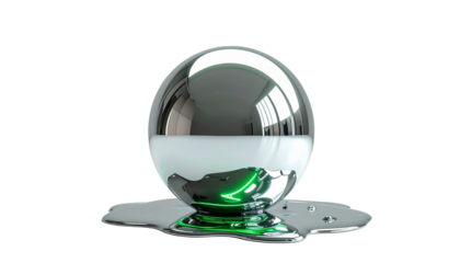 A two-toned sphere partially melted, reflecting green light