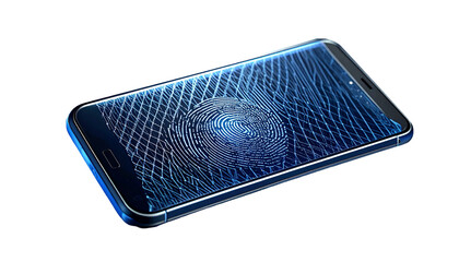 Smartphone displaying digital fingerprint scan, illuminated, black background