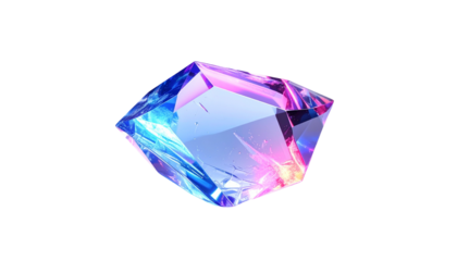 Iridescent crystal geometric shape floats against a stark black void