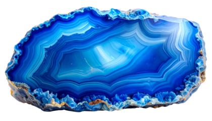 Translucent cross-section of a banded blue geode, displaying organic patterns