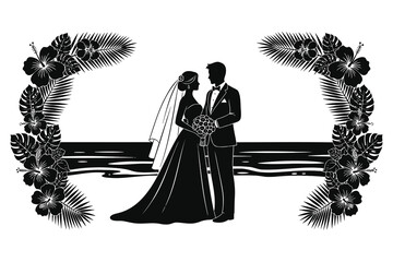 black and white illustration of a wedding couple standing together with floral arch on beach