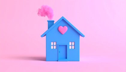 Charming Blue House with Pink Heart and Smoke.