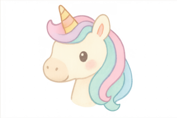Cute pastel unicorn head watercolor painting on transparent background