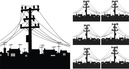 Obraz premium Silhouette urban neighborhood with tall electric power pole, utility wires, rooftop antennas and city houses creating detailed electrical infrastructure scene, vector illustration