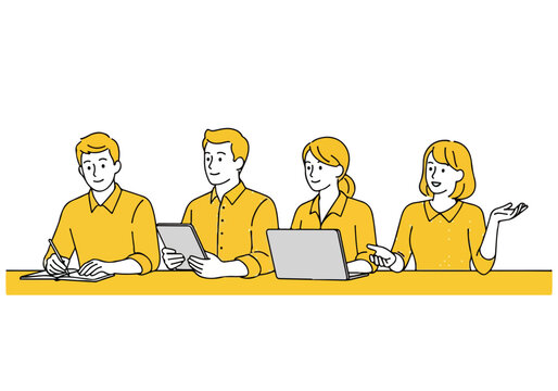 Team working collaboratively - Lifestyle Illustration, Flat Line Art, Flat Style Illustration, Flat Line Illustration, Cartoon Line Illustration, Modern Outline Flat Illustration