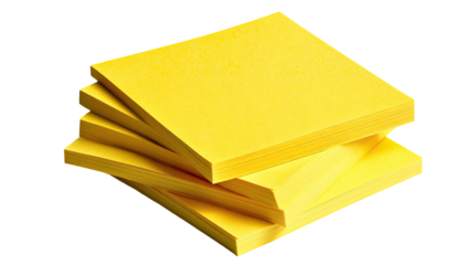 Stack of bright yellow square sticky notes, angled view, solid color background