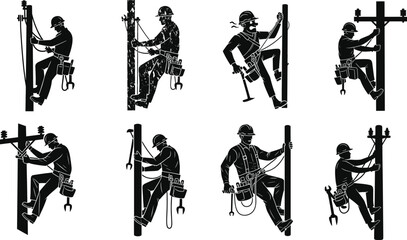 Silhouette utility linemen climbing power poles, electrical maintenance workers illustration, high voltage repair technicians, professional energy infrastructure service scene for industry design