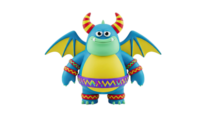 Cute Blue Cartoon Dragon with Wings and Festive Accessories