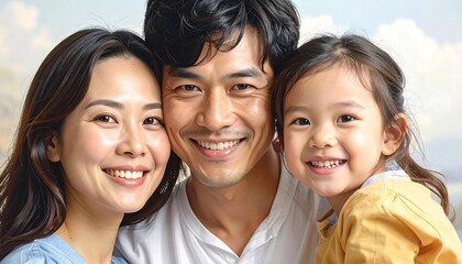 Close-up portrait of a happy Asian family with a young daughter smiling.