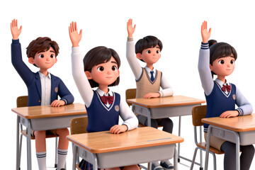 Four 3D Students Raising Hands in Classroom