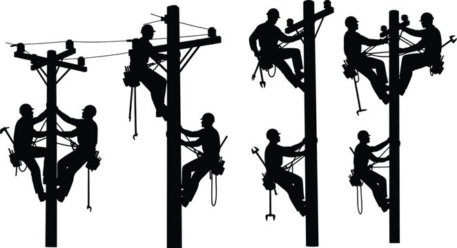 Silhouette utility lineworkers climbing power poles, electrical maintenance teamwork illustration, professional lineman safety equipment, high voltage repair scene for industrial energy design