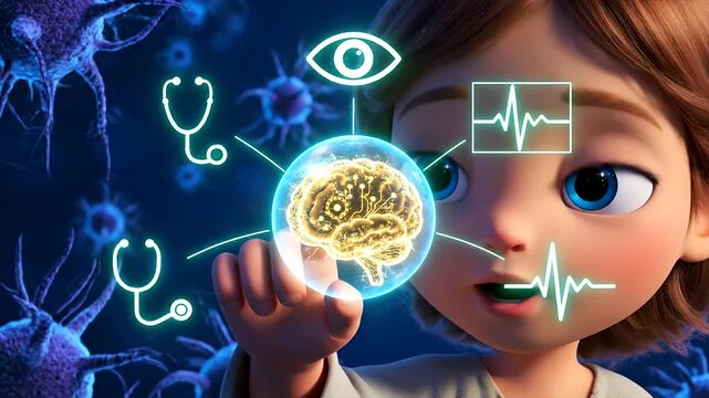 A curious animated child interacts with a glowing brain surrounded by medical symbols, illustrating the groundbreaking potential of AI drug discovery and future healthcare technology.