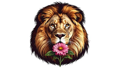 Majestic Lion Holding a Delicate Pink Flower in its Mouth.