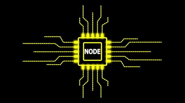 Digital motion graphics of a CPU microprocessor with NODE text symbol and electronic network lines for global information protection and online safety.