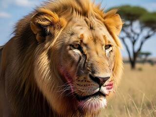 Naklejka premium Lion with blood on face in savanna