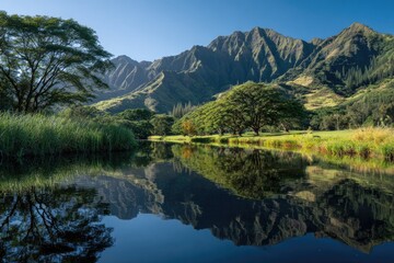 Obraz premium Serene landscape Mountains reflected in calm water, trees framing the vista