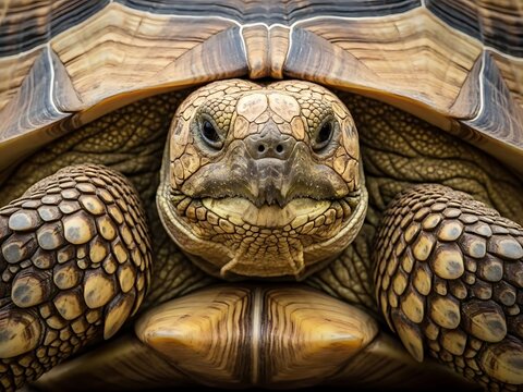 Majestic tortoise face with detailed shell and textured skin.