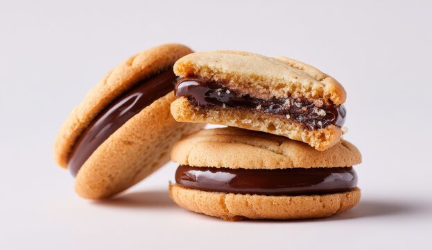 Stack of chocolate-filled sandwich cookies, one bisected to show filling