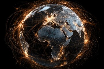 A glowing Earth at night with connecting lights highlighting global networks