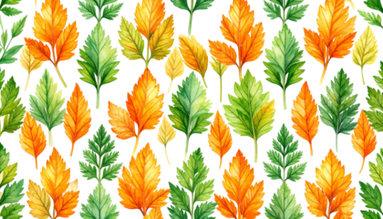 Vibrant watercolor leaves in green, yellow, and orange, a repeating pattern