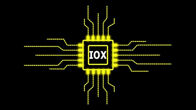 Digital motion graphics of a CPU microprocessor with IOX text symbol and electronic network lines for global information protection and online safety.
