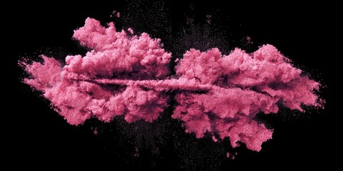 Pink cloud-like powder formation, horizontally bisected, against a stark black background