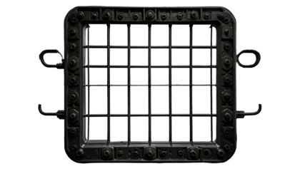 Square metal grill with bars and hinges, dark, industrial aesthetic