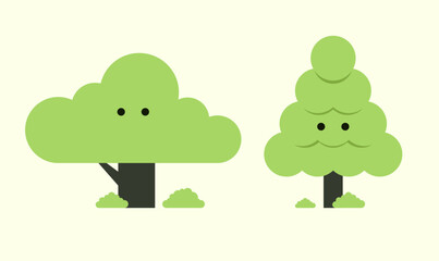 Cute flat vector illustration of minimalist tree characters with smiling faces. Playful green nature symbols for eco-friendly branding, environment awareness, and nursery decor concepts.