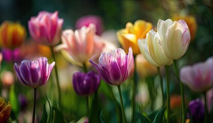Close-up of vibrant tulips in varied colors, bathed in soft, natural light
