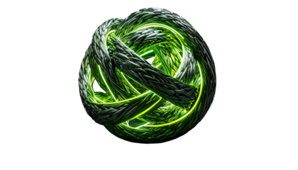 Abstract 3D sphere of woven green material with glowing neon highlights