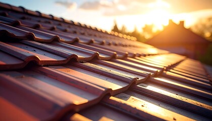 Close-up of Red Clay Roof Tiles at Sunset with Warm Golden Light.
